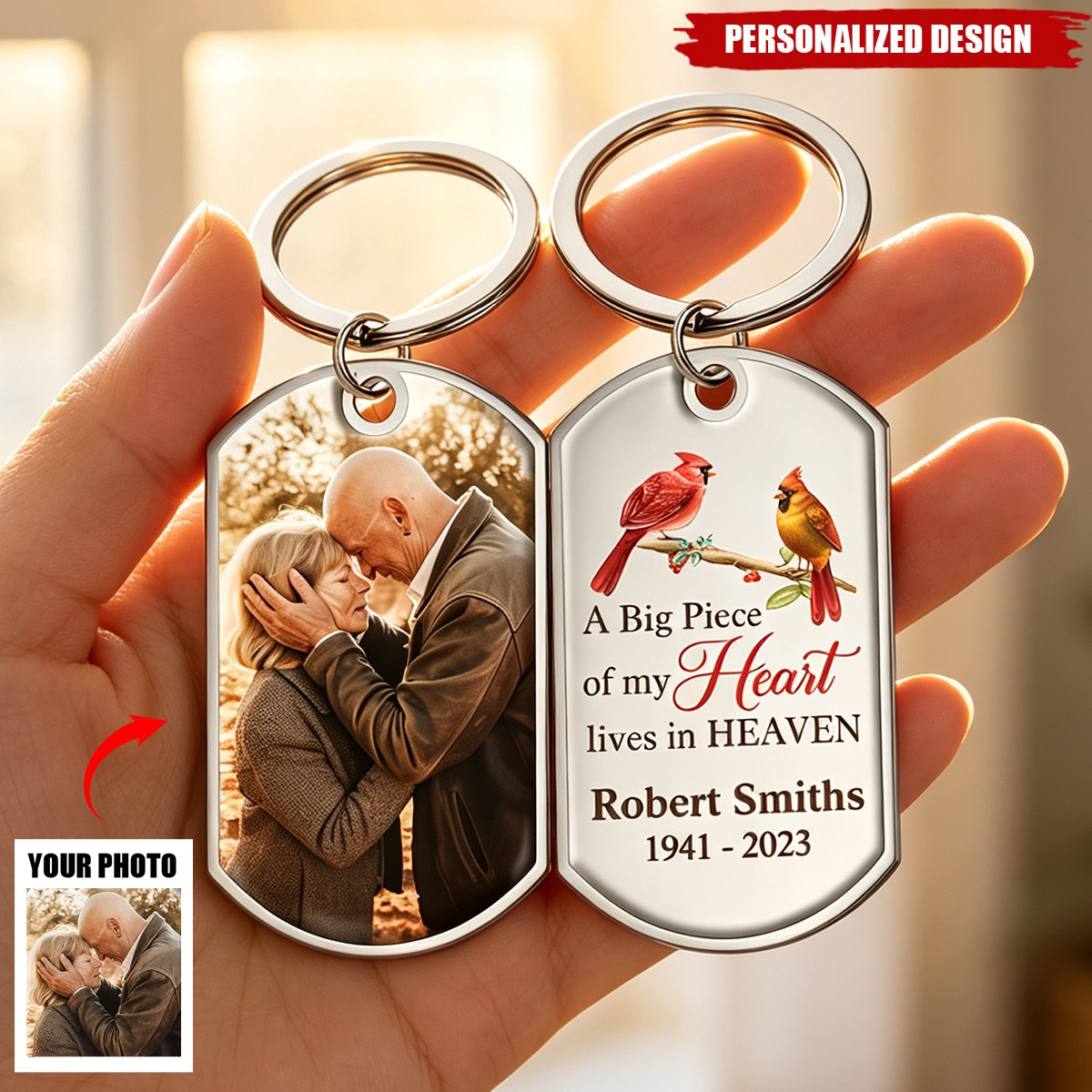 Personalized Memorial Photo Keychain - A Big Piece Of My Heart Lives In Heaven Cardinal Remembrance Keychain