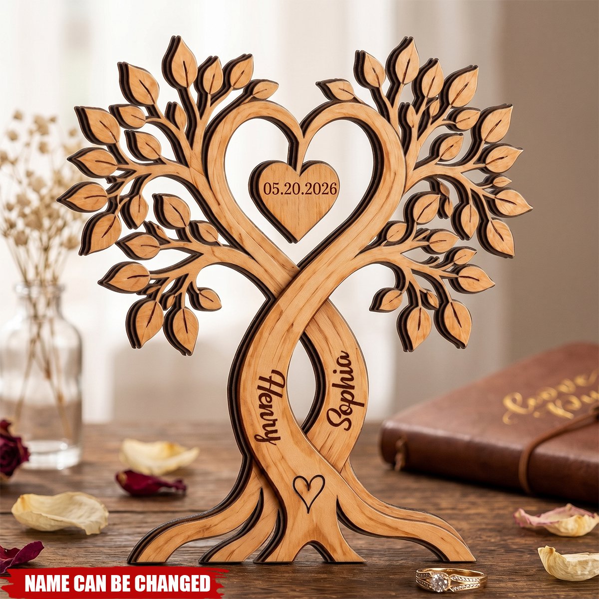 Personalized Couple Heart Tree Wooden Block With Name, Wedding Anniversary Gifts