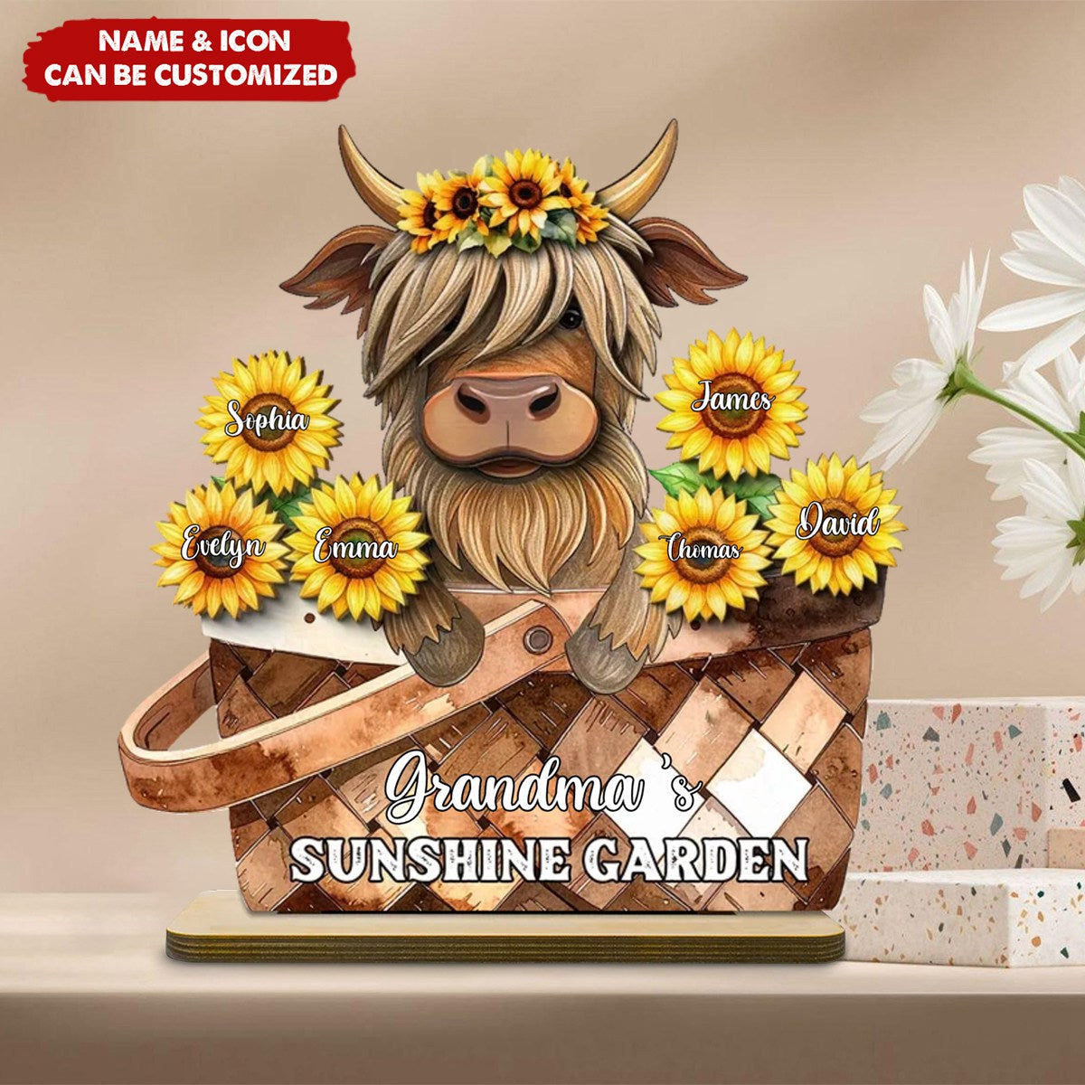 Cute Highland Cow Sunflower with Grandkids’ Names - Personalized 2-Layer Standing Wooden Plaque
