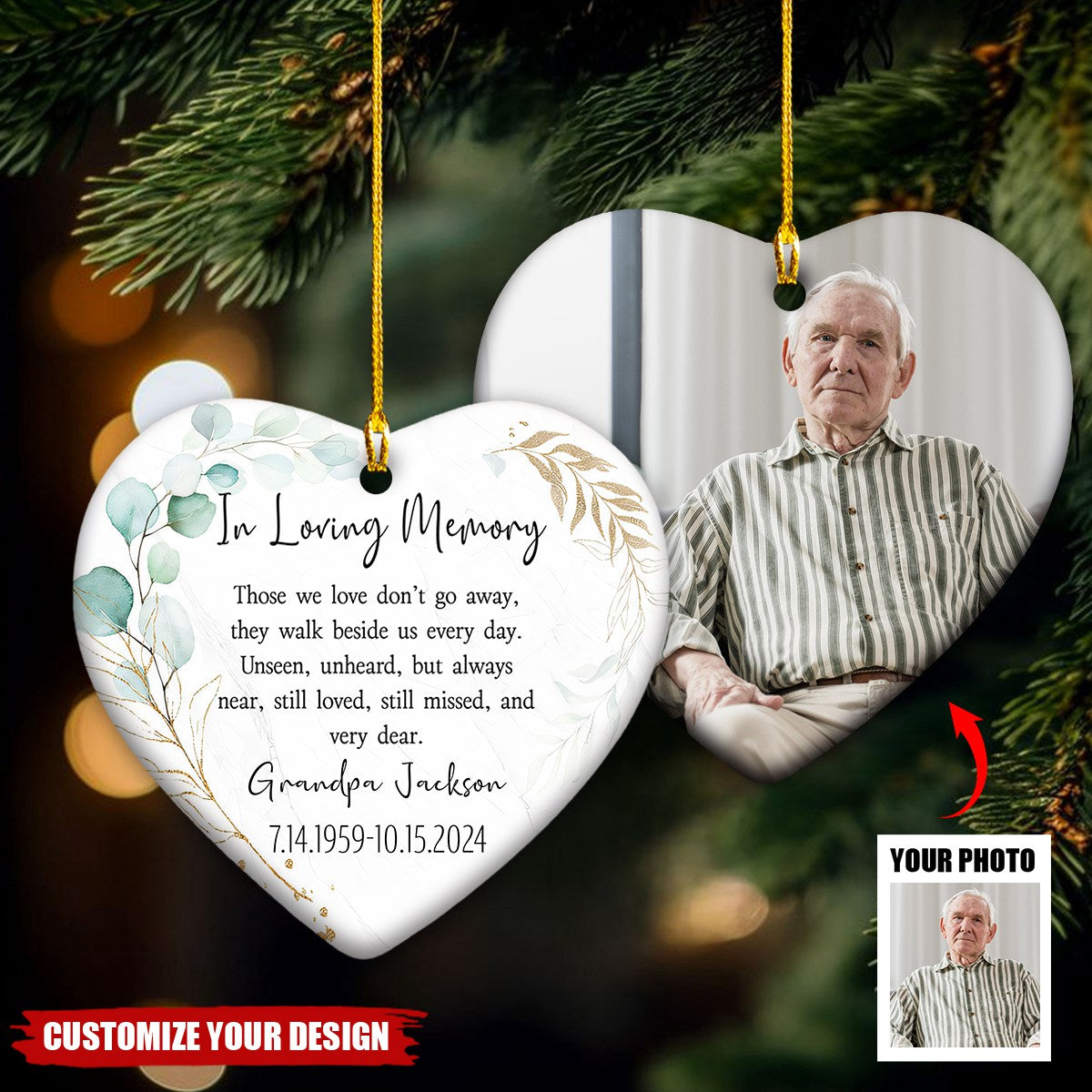 Custom Photo In Loving Memory - Memorial Personalized Heart Shaped Ceramic Ornament
