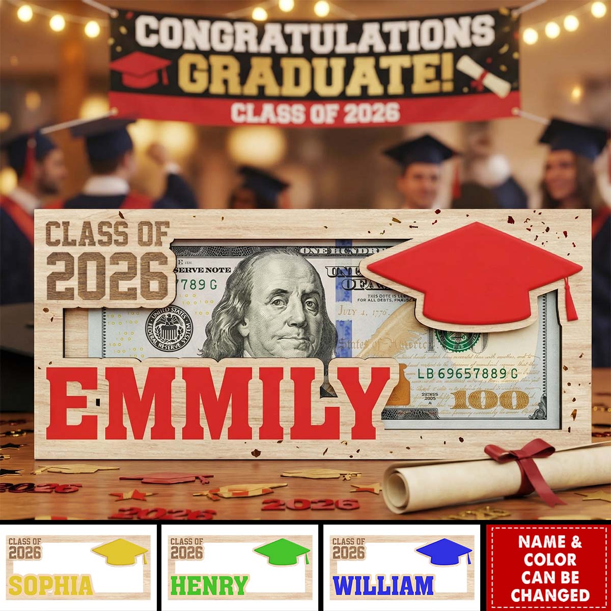 Custom Name Class of 2026 Graduation Wood Money Holder