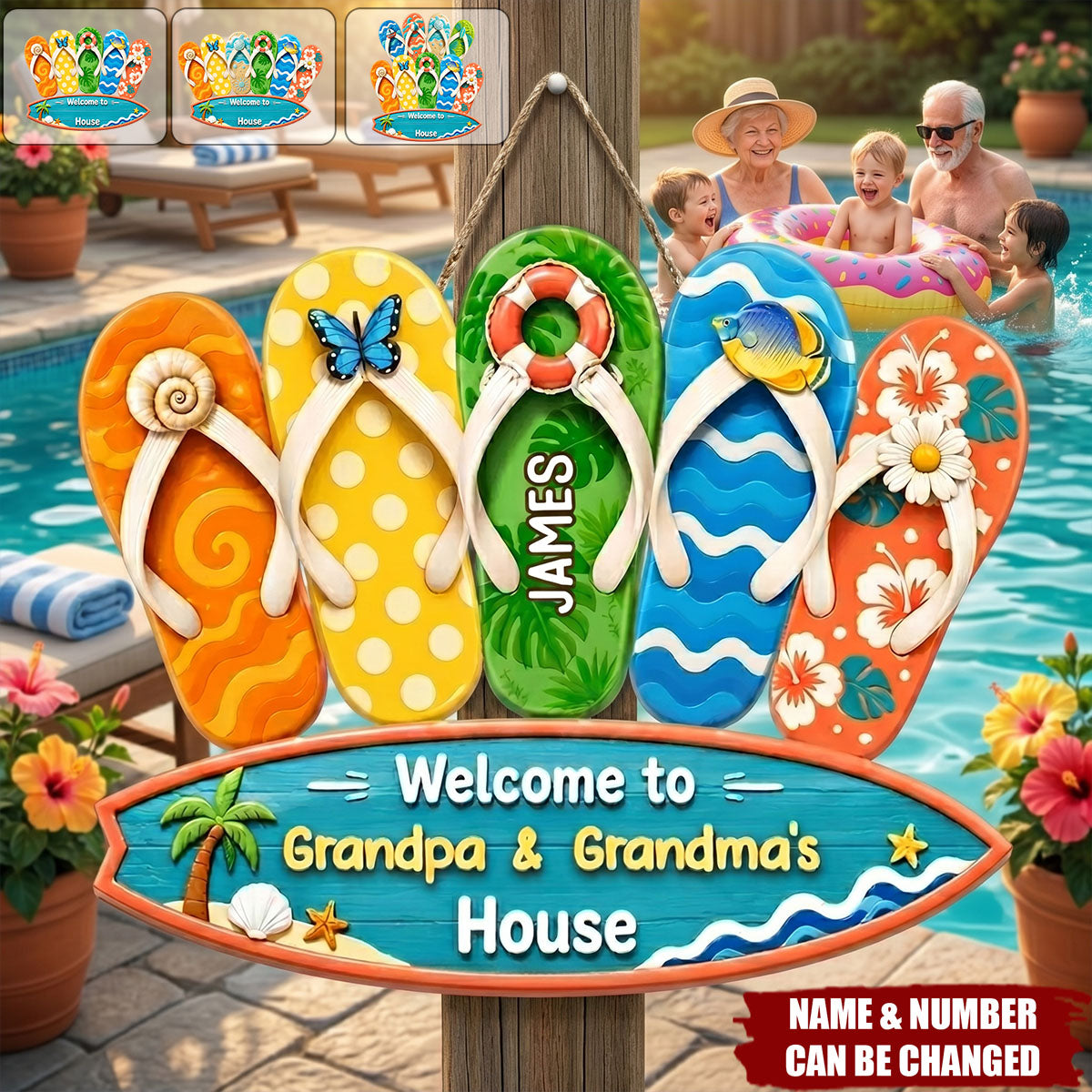 Wooden Sign With Sunny Flip Flops, Welcome To Grandma & Grandpa's House