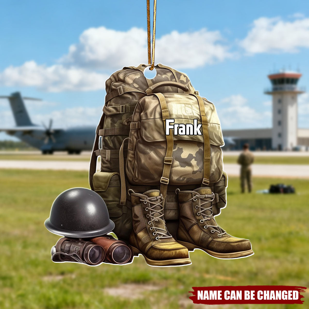 Custom Name Military Uniform Boots & Helmet Christmas Ornament