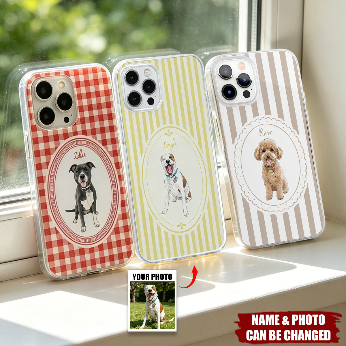 Custom Pet Portrait Watercolor Striped Pattern - Personalized Phone Case