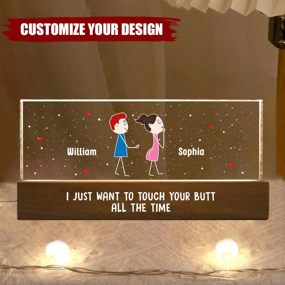 Funny Couple Touch Your Butt All The Time - Personalized Acrylic LED Night Light, Valentine's Day Gift For Him, For Her