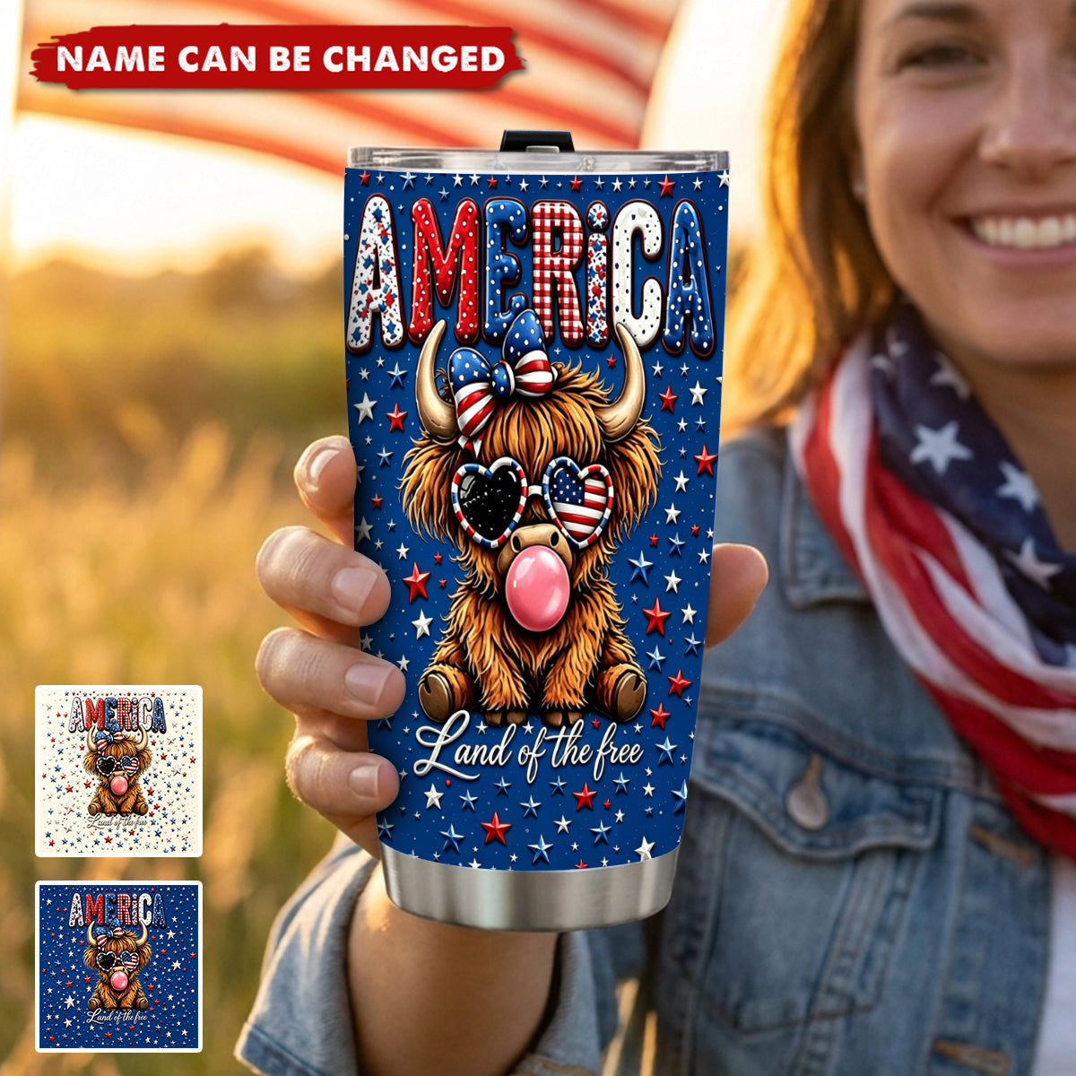 Land Of The Free - Personalized Highland Cow Tumbler