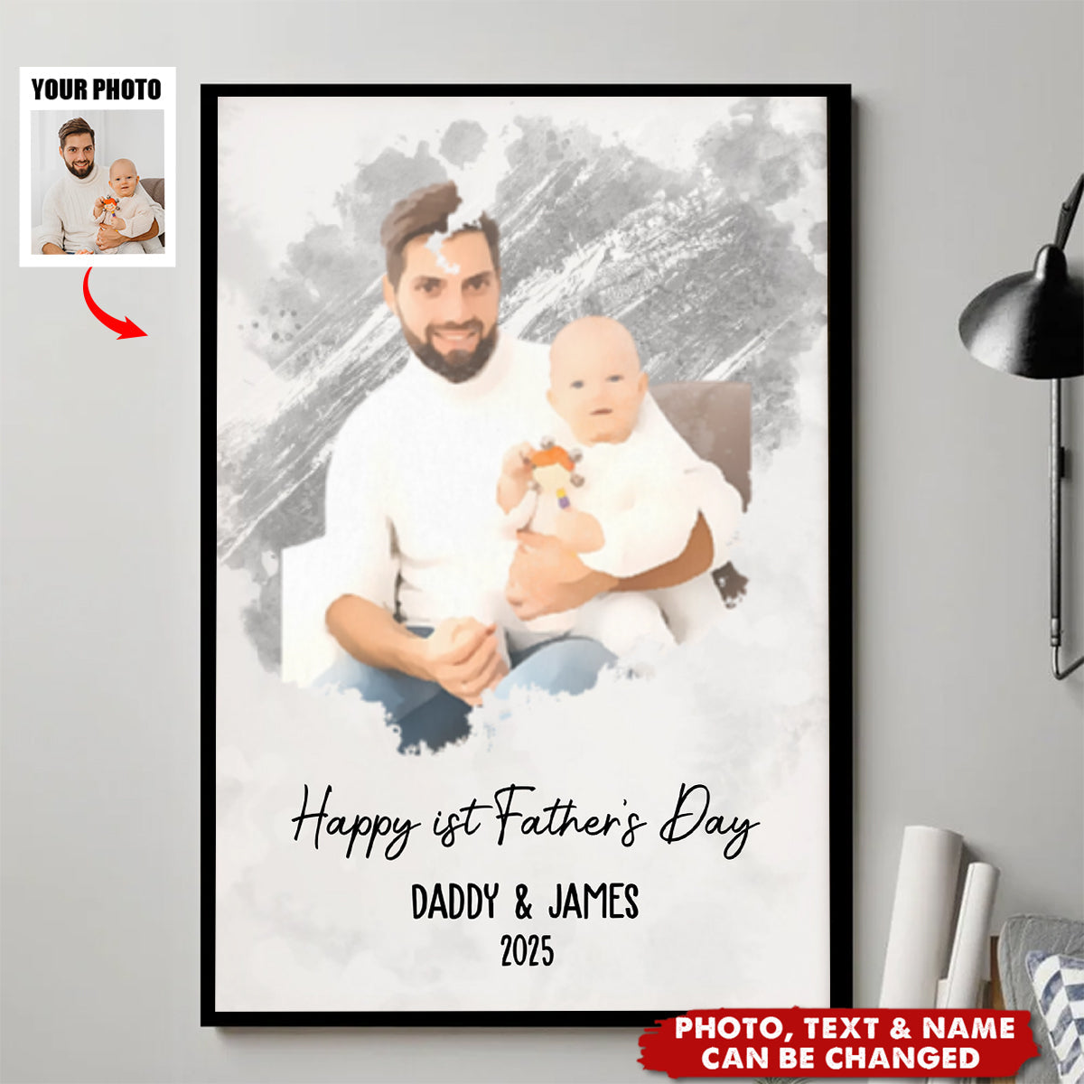 Watercolor Style Happy 1st Father's Day - Personalized Photo Poster