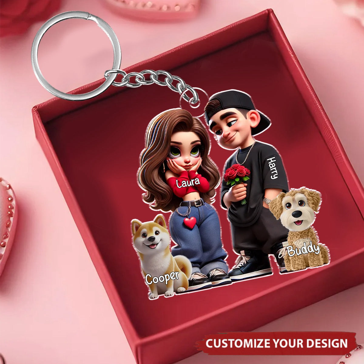 Y2K Style Couple And Dogs - Personalized Acrylic Keychain, Valentine's Day Gift For Him, For Her