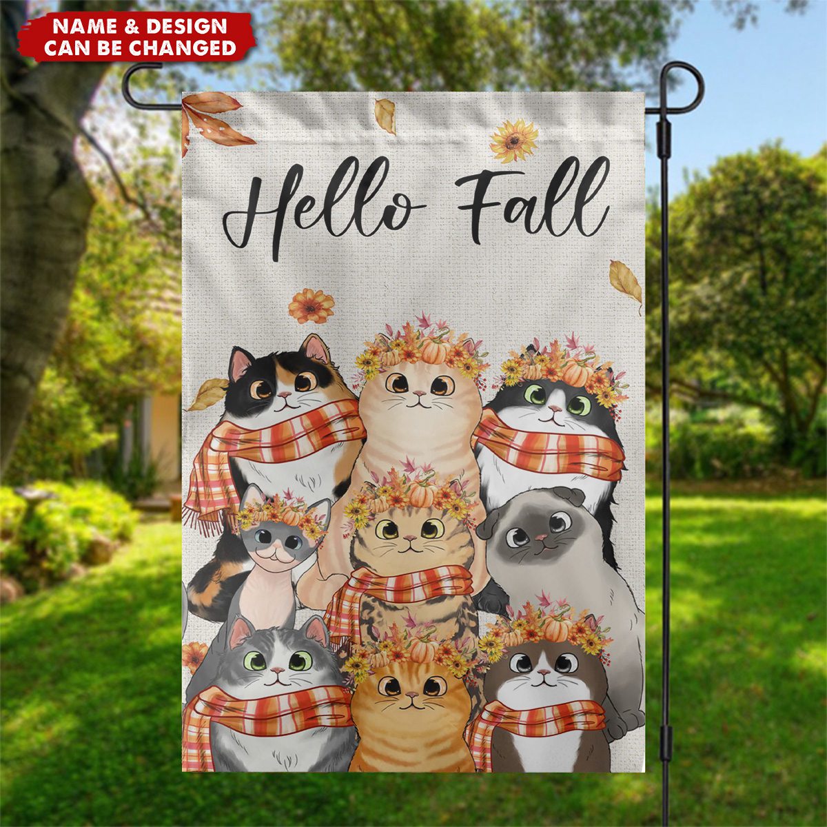 Hello Fall Cute Peeking Cat Personalized Garden Flag