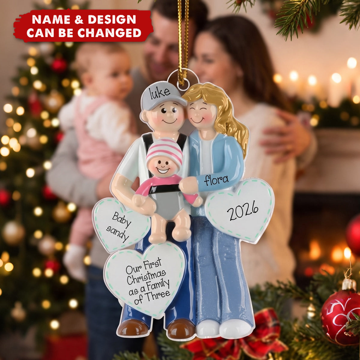 3D Effect First Christmas As Family Of Three Mom Dad & Baby In Carrier - Personalized Acrylic Ornament