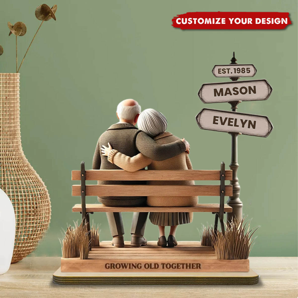 Old Couple Street Romantic Bench Scene - Personalized Standing Wooden Plaque