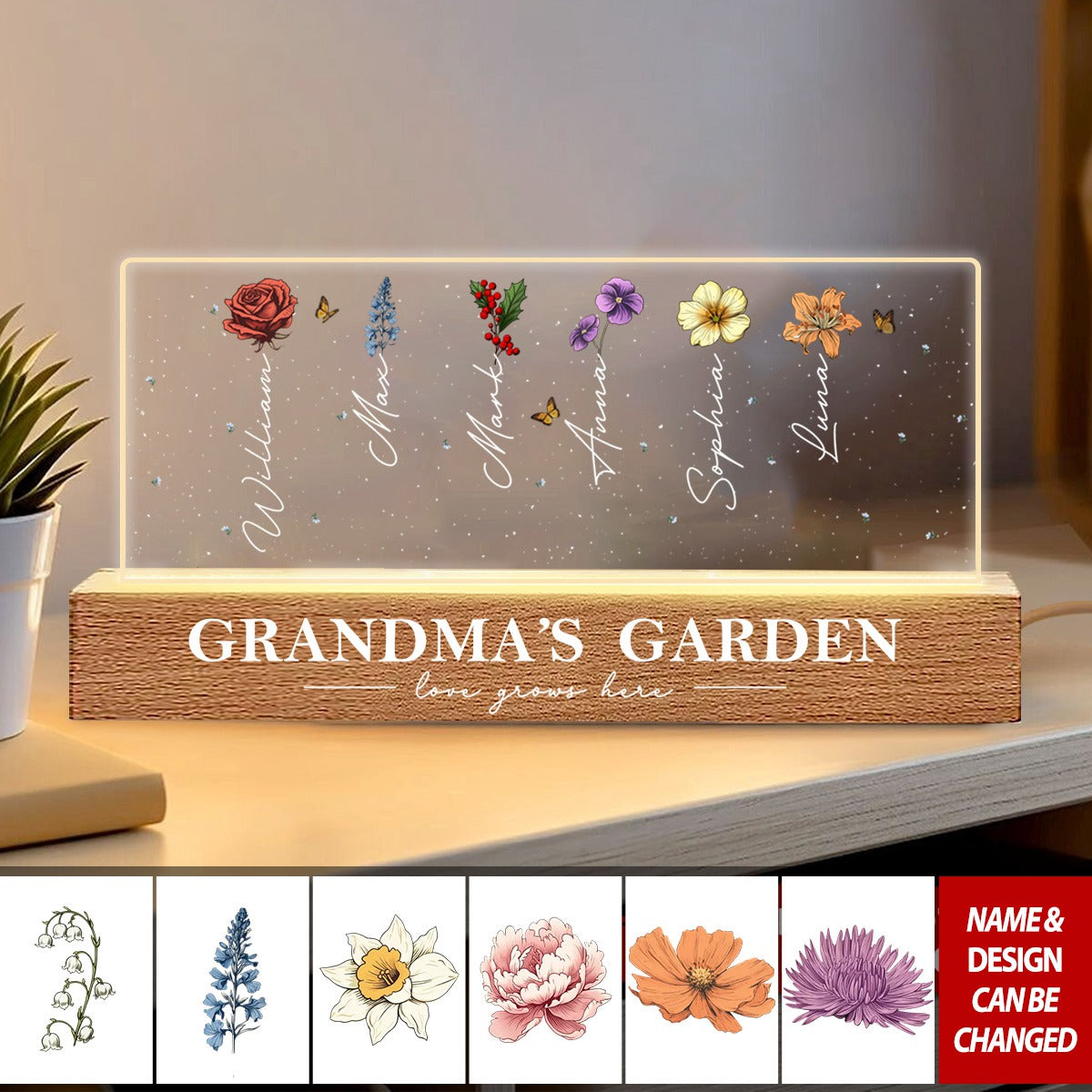 Grandma‘s Garden Birth Month Flower Personalized LED Night Light, Mother's Day Gift For Grandma Mom