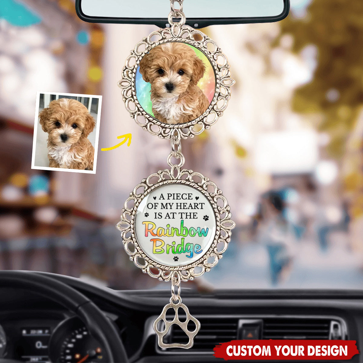 Custom Photo A Piece Of My Heart Is At The Rainbow Bridge - Memorial Personalized Metal Car Hanging Ornament With Charm