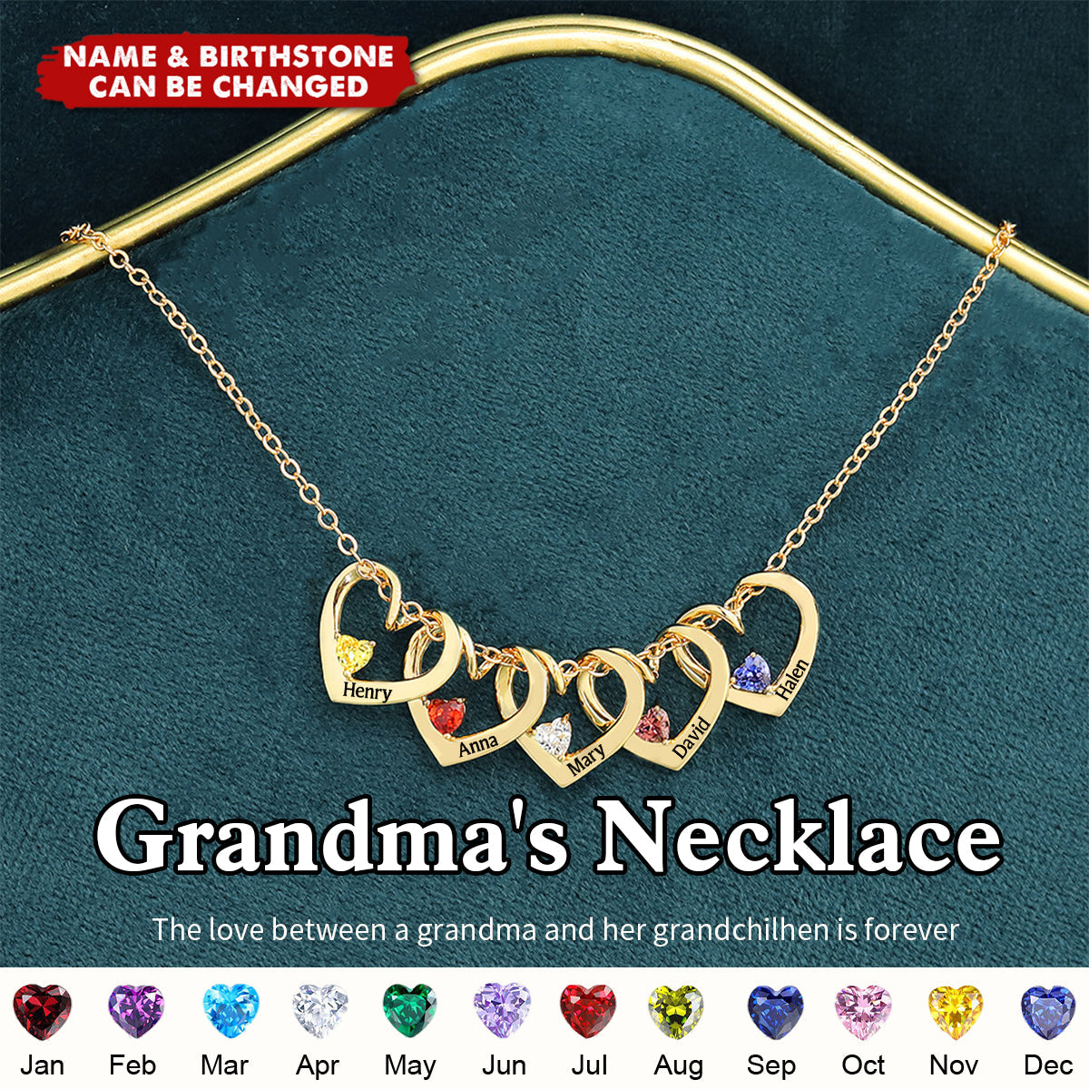 Personalized Heart Name Birthstone Necklace For Mom Grandma