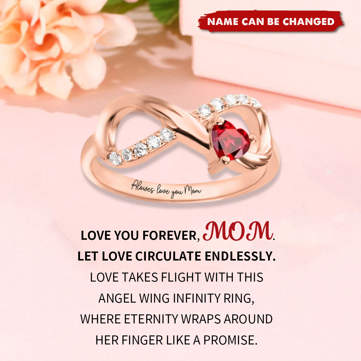 Personalized Angel Wing Infinity Ring with Heart Birthstone and Engraved Text Birthday Anniversary Gift for Her