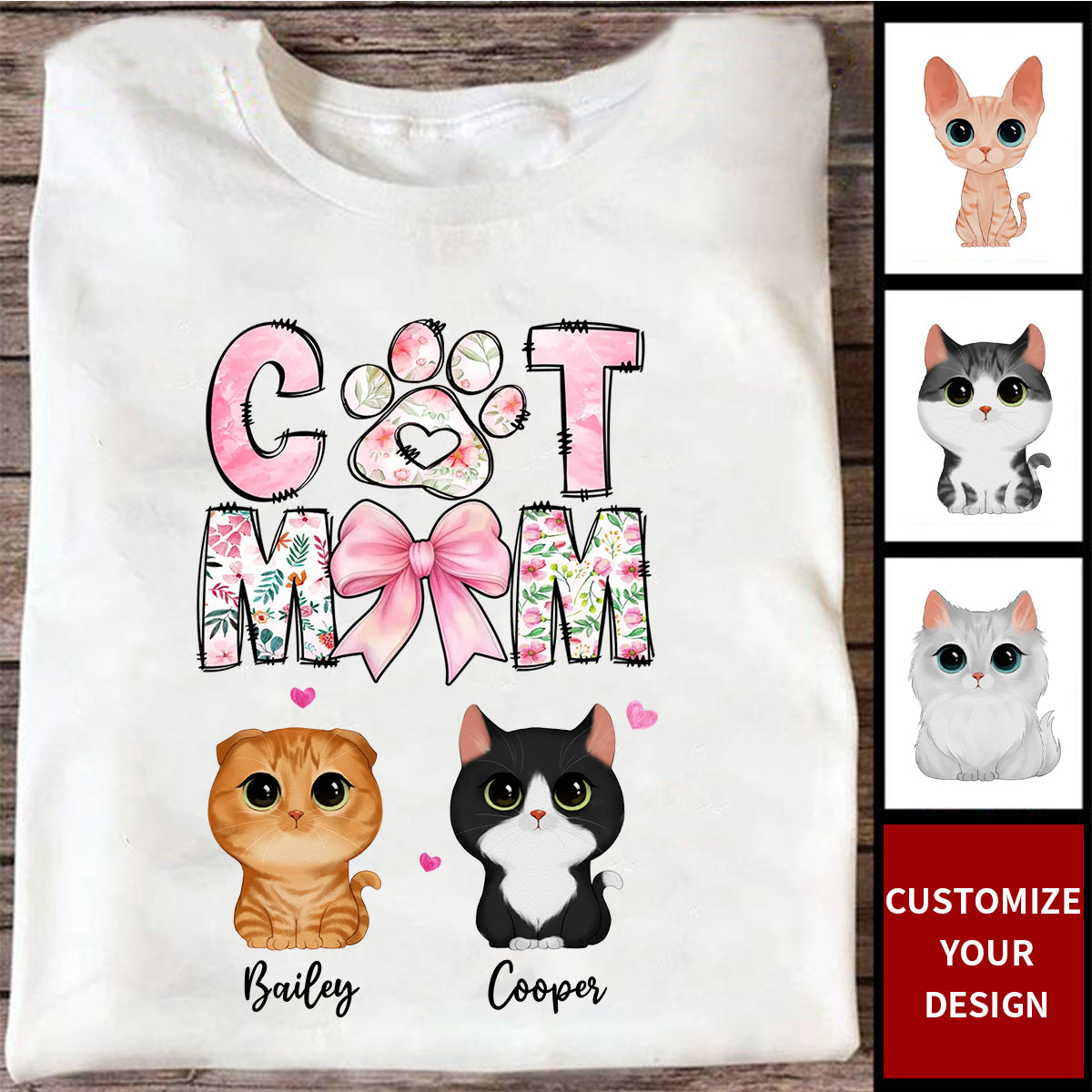 Cat Mom Pink Coquette Personalized T-Shirt, Gift for Cat Moms