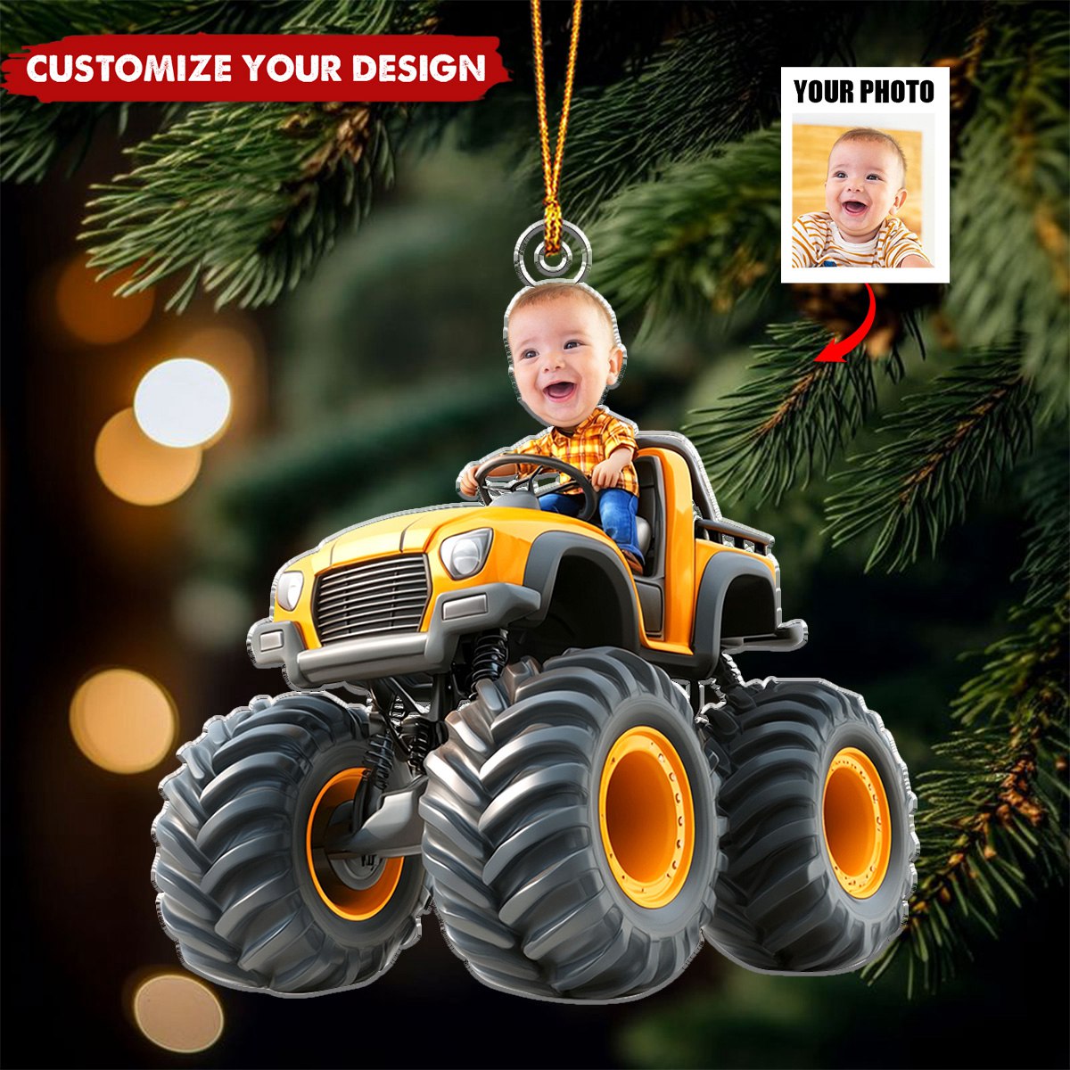 Kid Riding Monster Truck - Personalized Acrylic Photo Ornament, Gift For Toddler, Kid