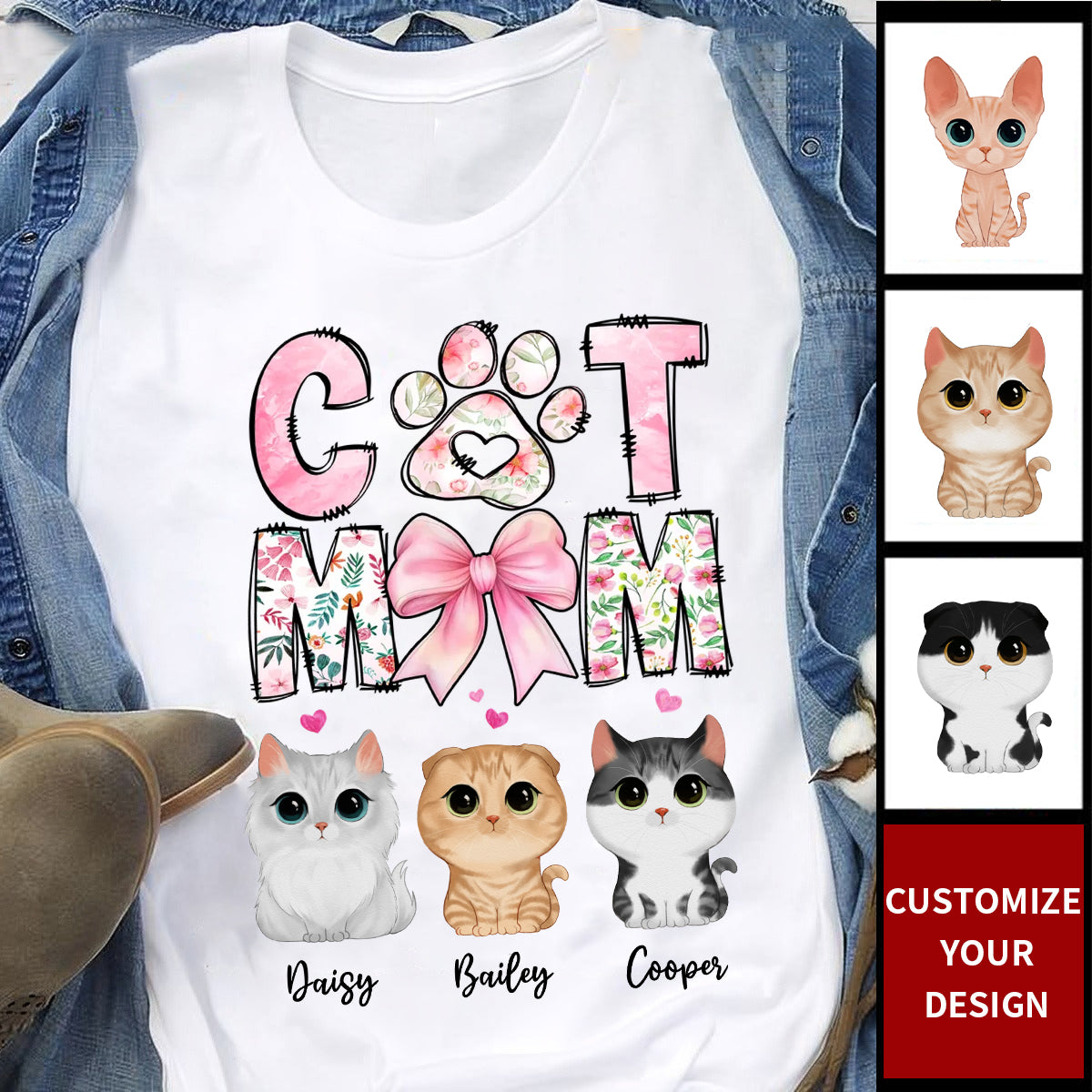 Cat Mom Pink Coquette Personalized T-Shirt, Gift for Cat Moms