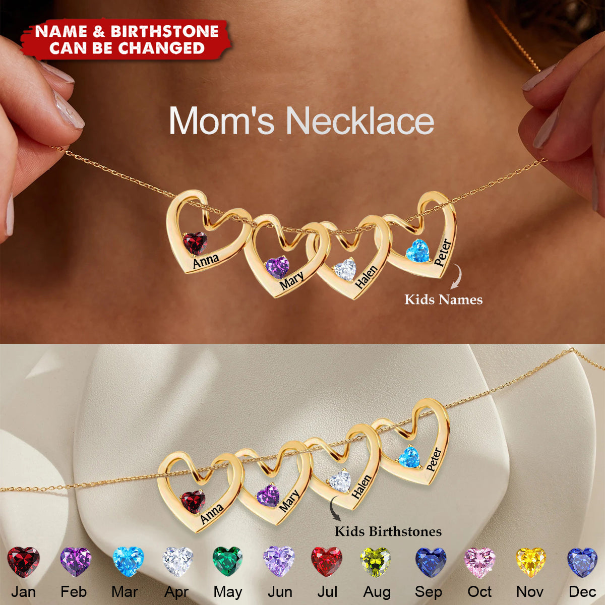 Personalized Heart Name Birthstone Necklace For Mom Grandma