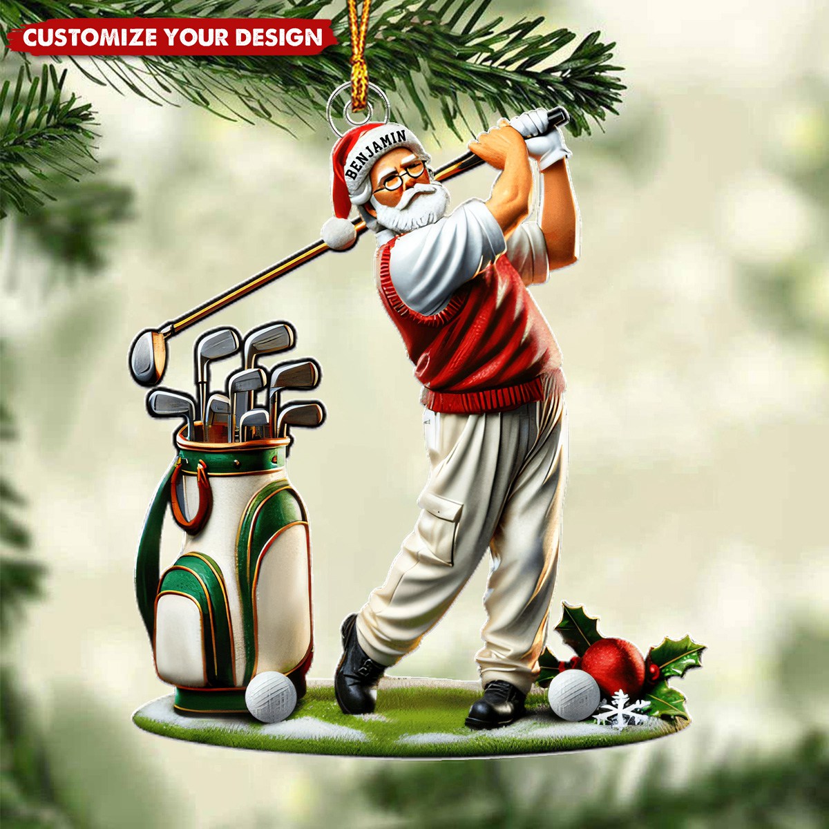 Custom Name Golf Santa - Personalized Acrylic Christmas Ornament, Gift For Golf Lover