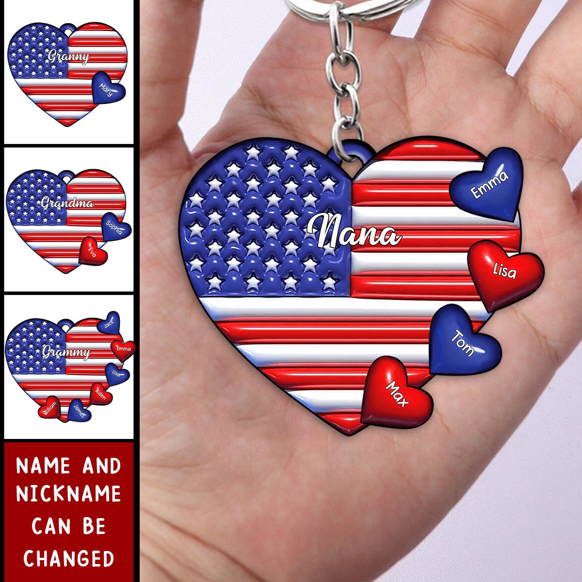Grandma & Grandkids Puff Heart Flag - Personalized Grandma Keychain