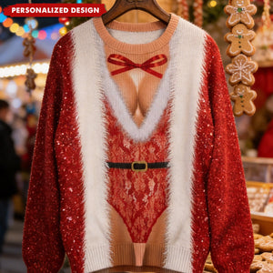 Funny 3D Fake Santa Lingerie Print Ugly Christmas Sweater - Novelty Festive Sweater For Holiday Parties