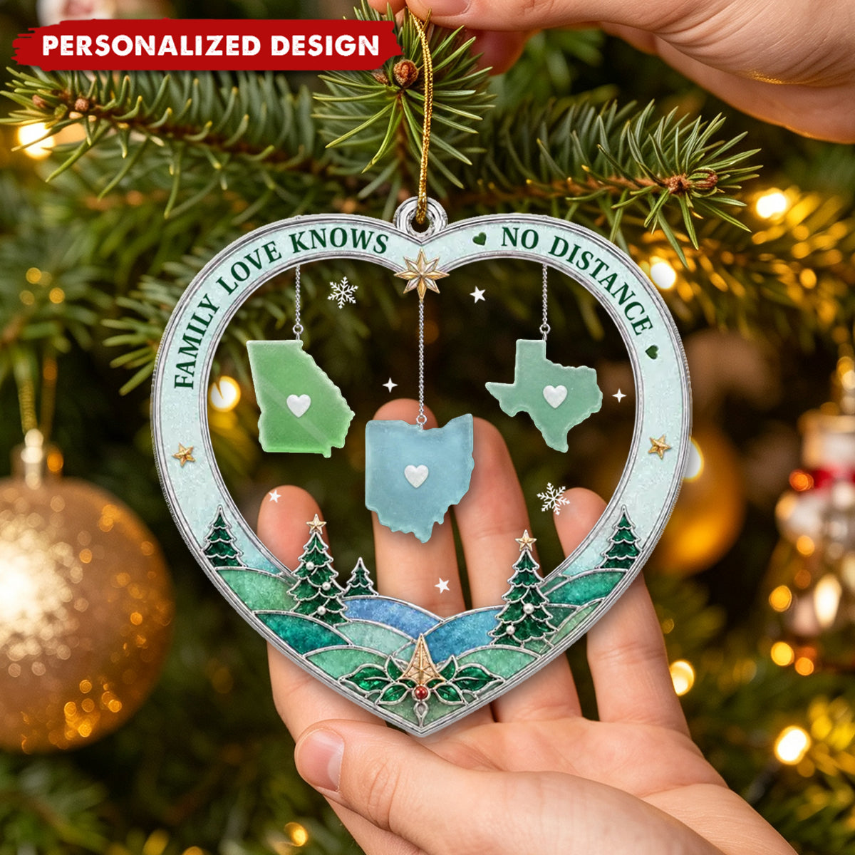 Personalized US State Map Heart Acrylic Ornament for Long Distance Family