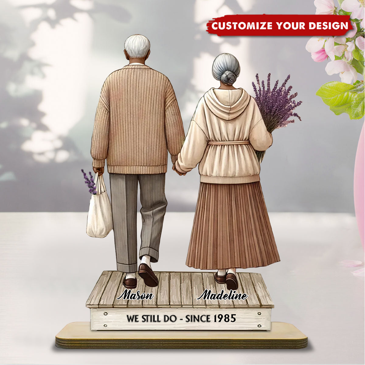 Old Couple Holding Hands Walking - Personalized Standing Wooden Plaque