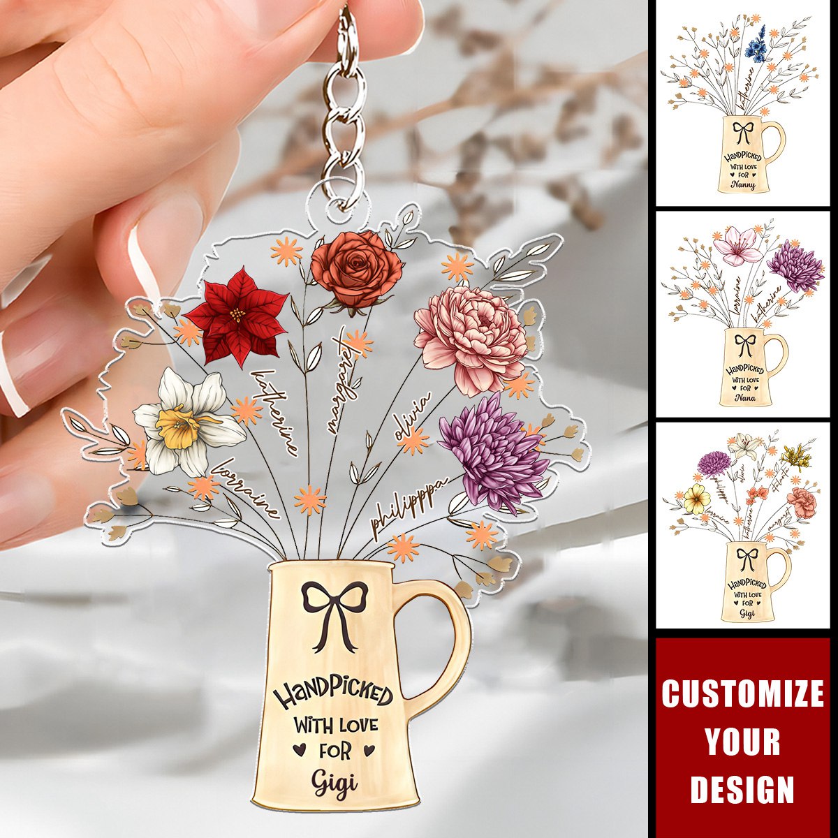 Birth Flowers Handpicked With Love For Mom Mama Nana - Personalized Acrylic Keychain
