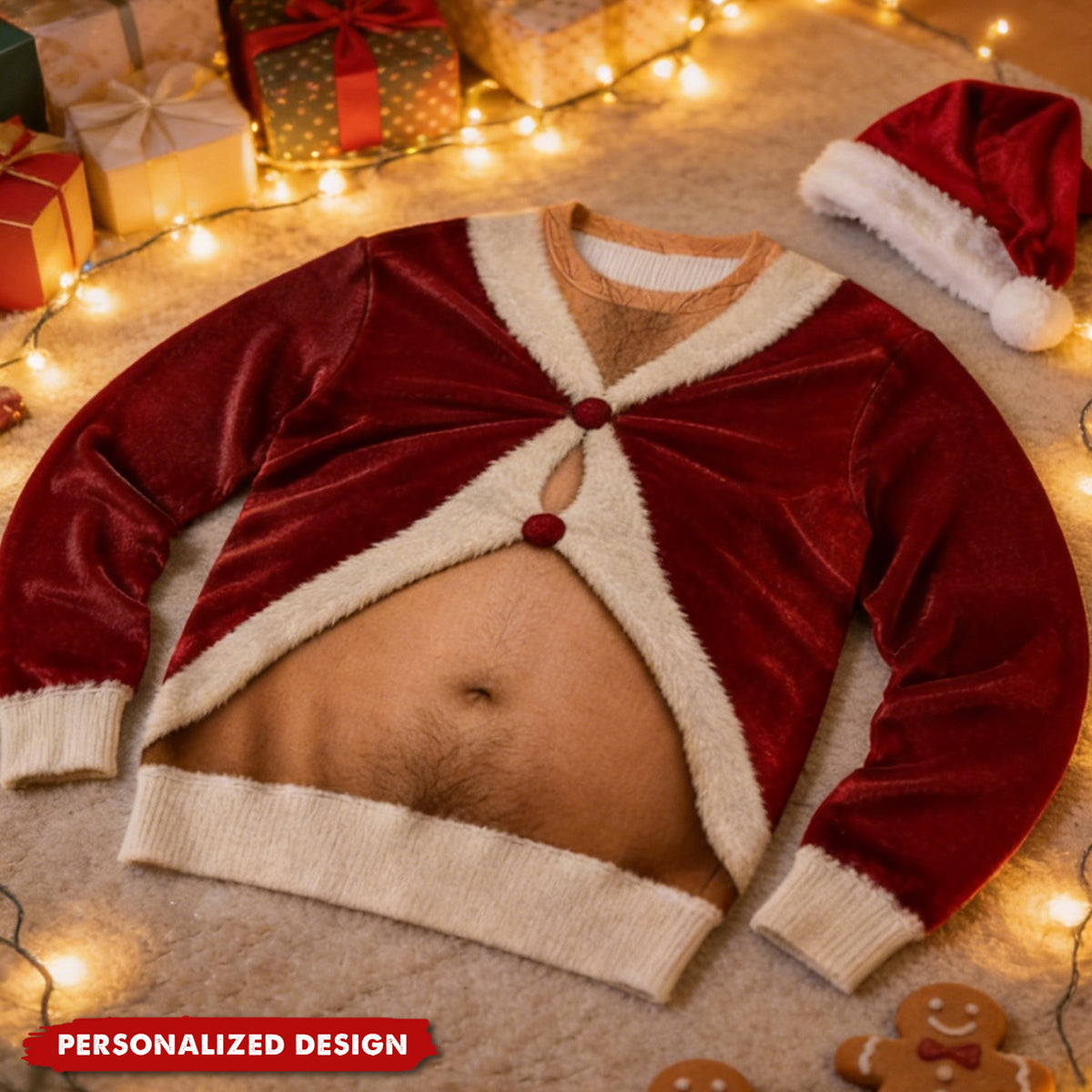 Men’s Novelty Fake Open Santa Suit Sweatshirt - Hilarious Belly Graphic Party Sweater