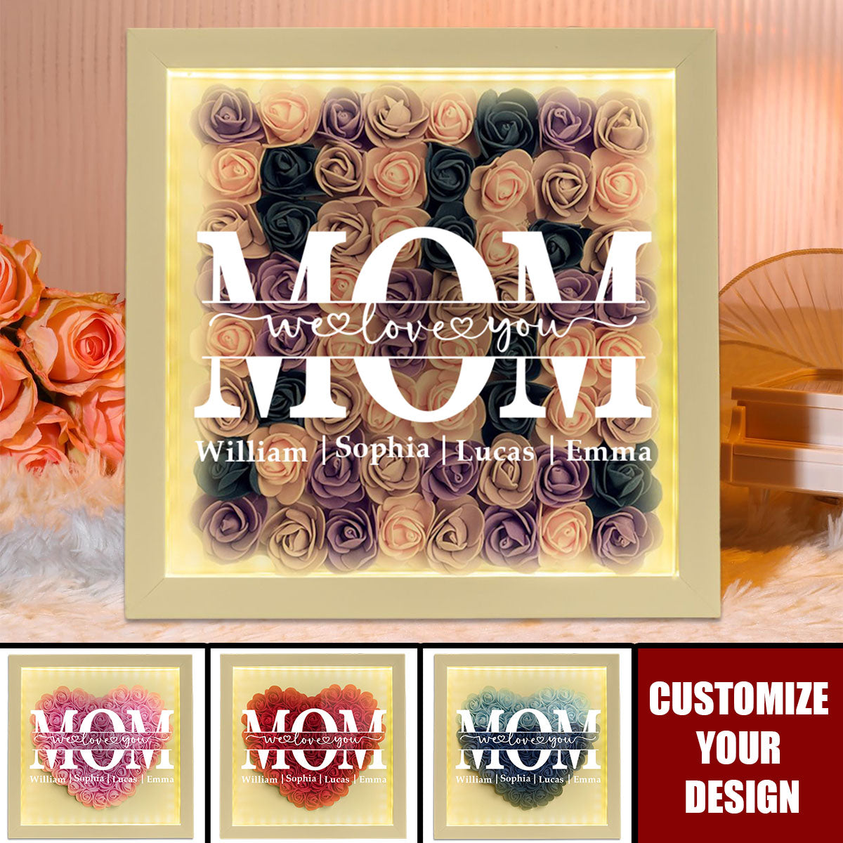 We Love You Mom - Personalized Flower Shadow Box With LED Light