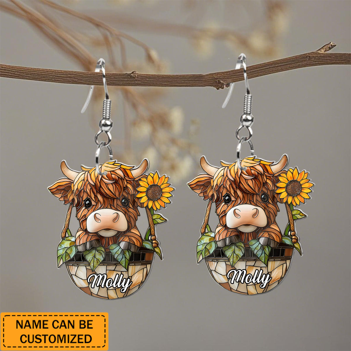 Cute Highland Cow And Sunflower - Personalized Highland Cow Earrings