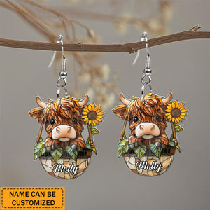 Cute Highland Cow And Sunflower - Personalized Highland Cow Earrings