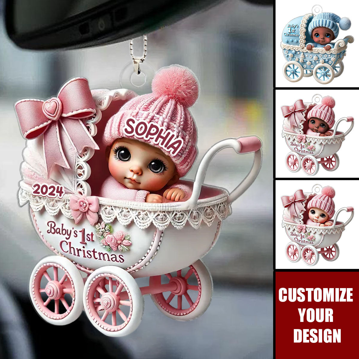 Newborn Baby In Carriage Christmas Personalized Car Ornament