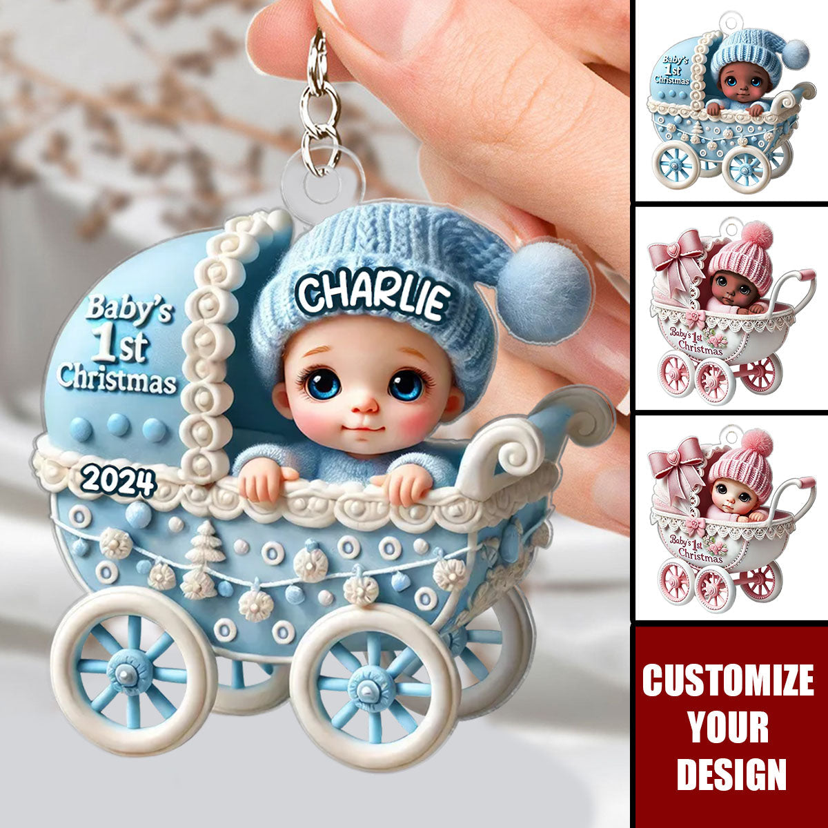 Newborn Baby In Carriage Christmas Personalized Keychain