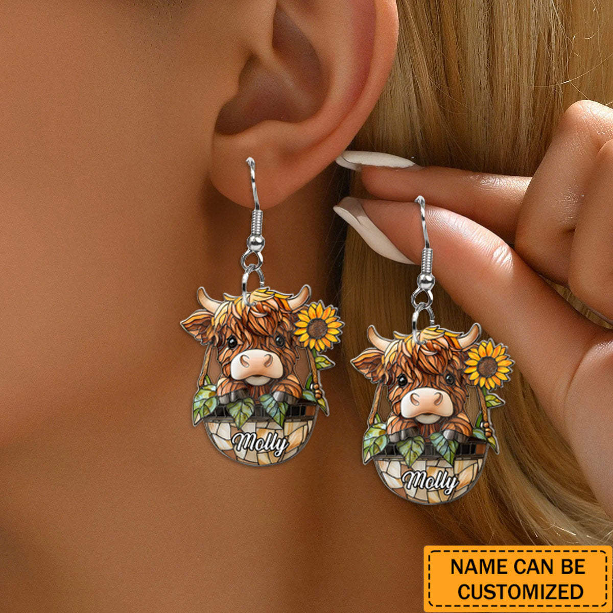 Cute Highland Cow And Sunflower - Personalized Highland Cow Earrings