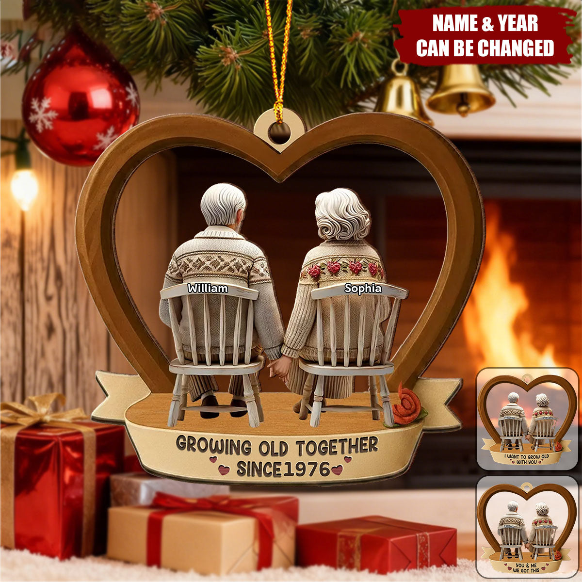 3D Back View Old Couple Growing Old Together - Personalized Wooden Ornament