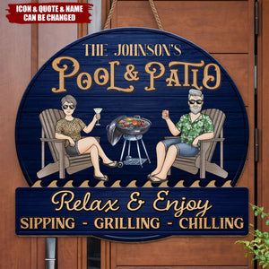Just A Couple, Pool & Patio Sipping Chilling - Couple Personalized Home Decor Wood Sign