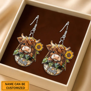 Cute Highland Cow And Sunflower - Personalized Highland Cow Earrings