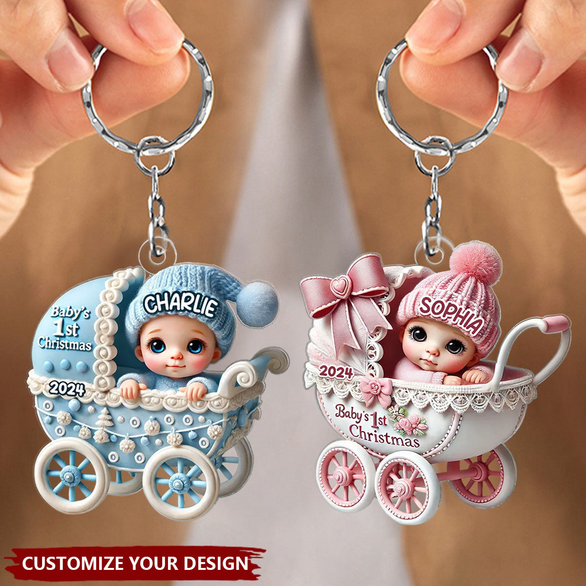 Newborn Baby In Carriage Christmas Personalized Keychain