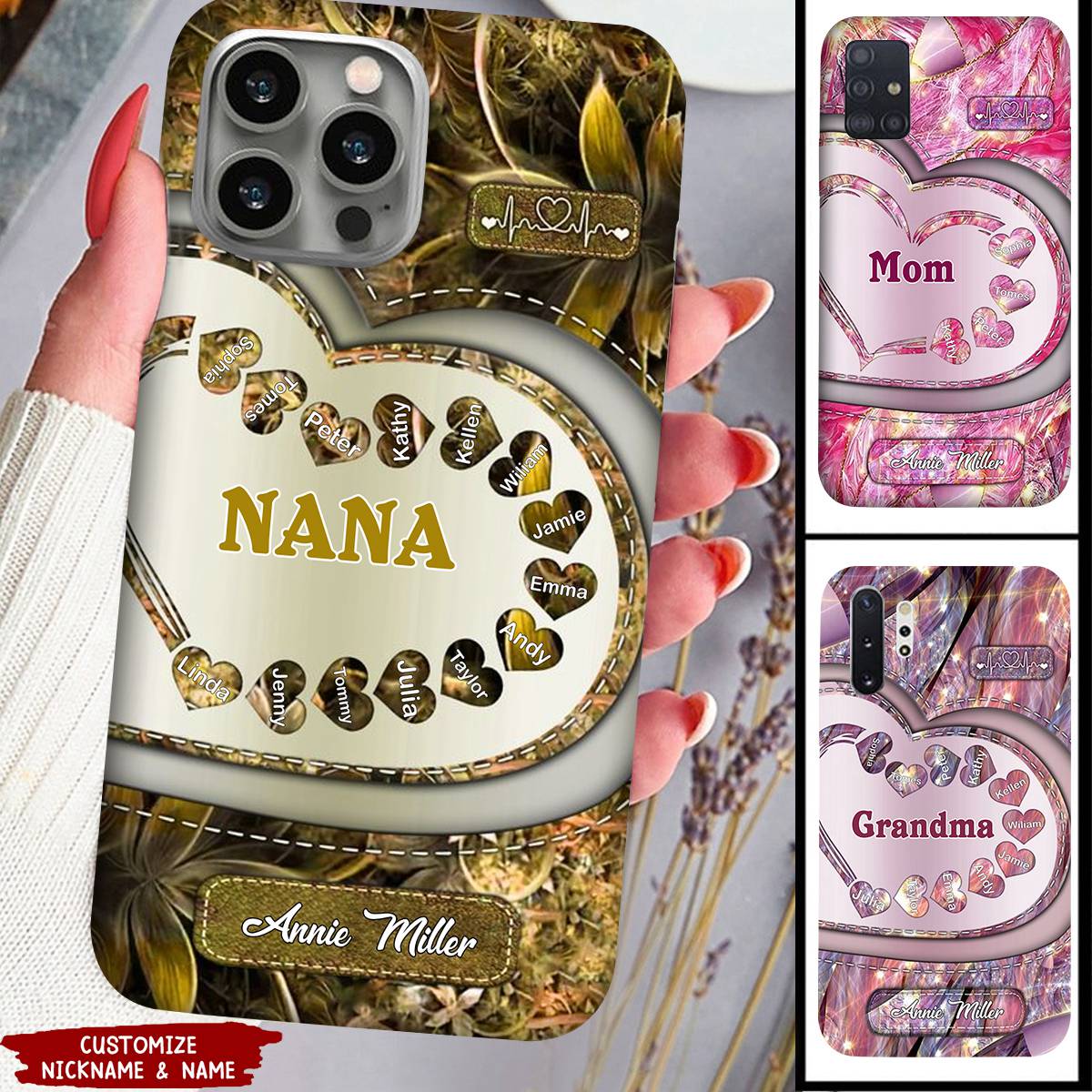 Sparkling Grandma Mom With Sweet Heart Kids, Multi Colors Personalized Glass Phone Case