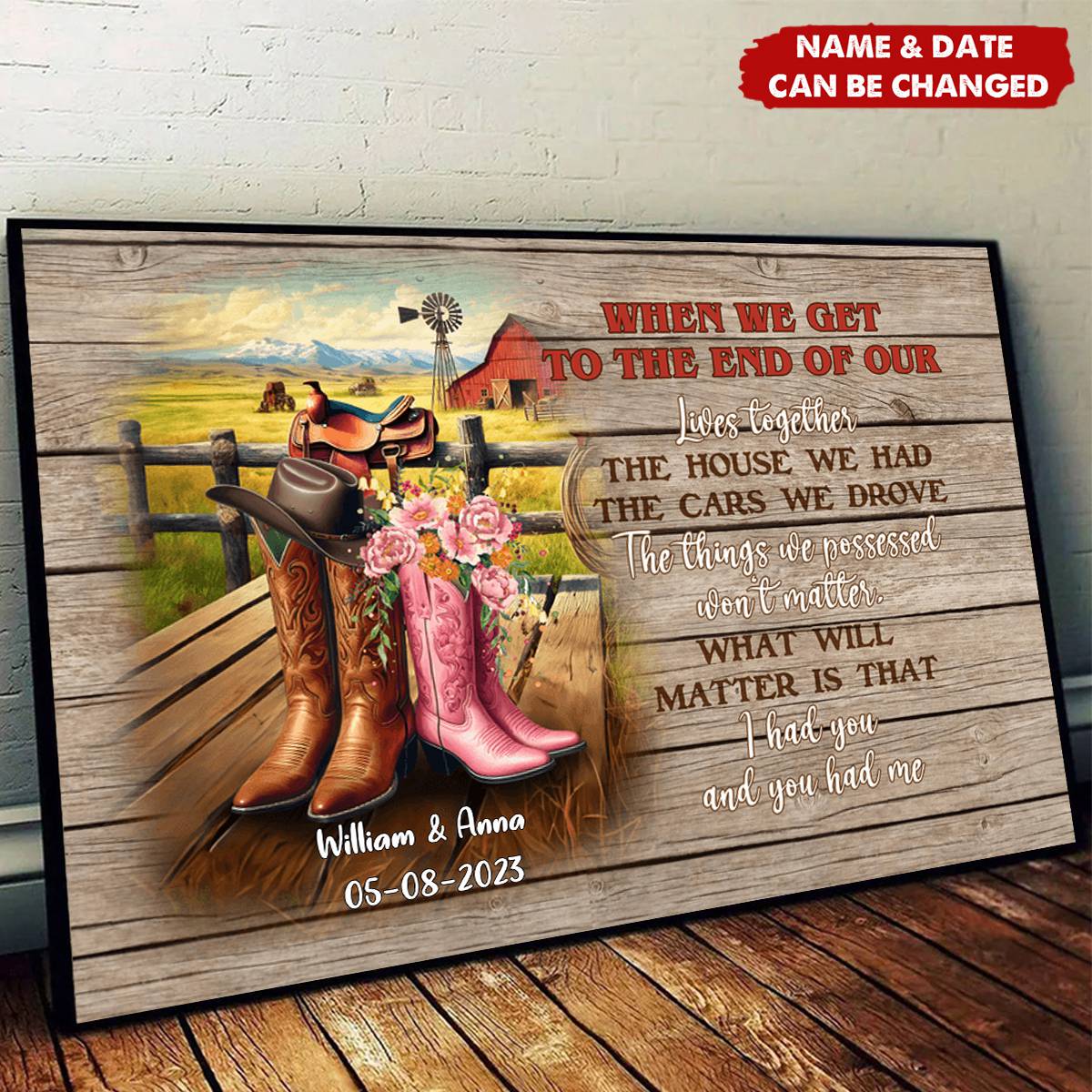 Personalized Gift For Cowboy Couple Wall Art, Cowboy Boots On Western Farm Poster