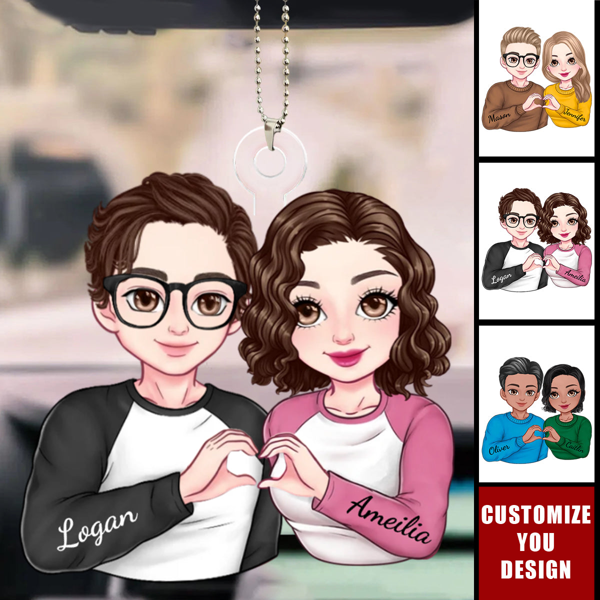 Cartoon Couple Heart Gesture - Personalized Acrylic Car Ornament, Anniversary Gift For Couple