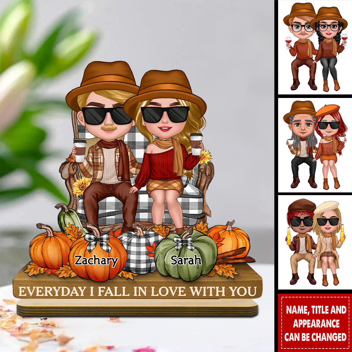 3D Effect Fall Season Couple Sitting Pumpkins - Personalized 2-Layer Standing Wooden Plaque