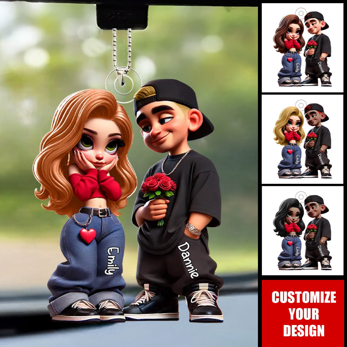 3D Effect Y2K Couple Personalized Acrylic Car Ornament, Perfect Gift For Couple, for him, for her
