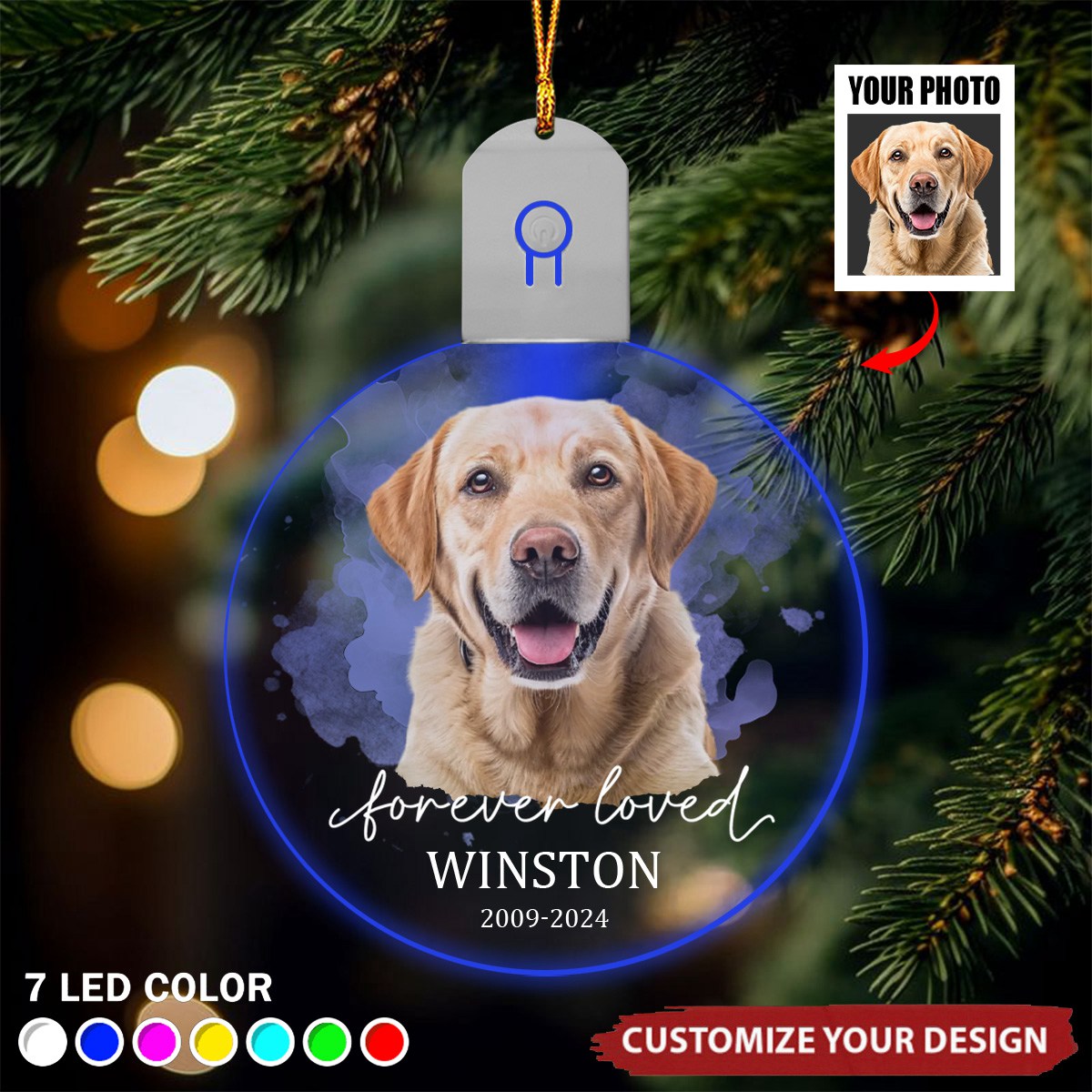 Custom Photo Forever Love Dog Christmas Circle Led Acrylic Ornament