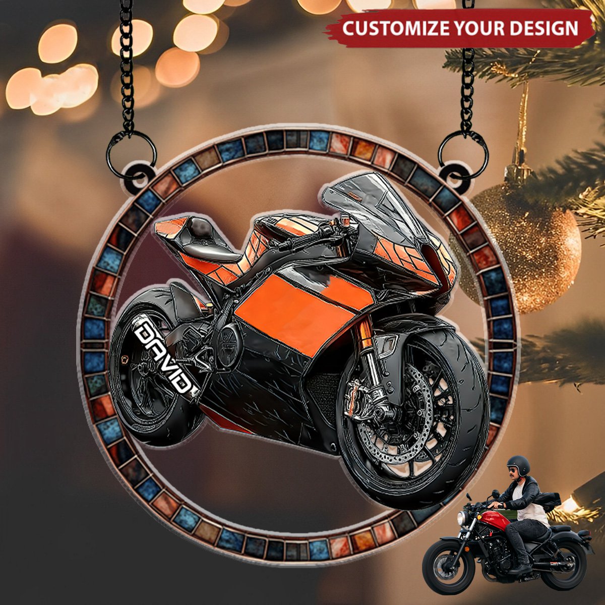 Ride More - Personalized Name Christmas Suncatcher Ornament For Motorbiker
