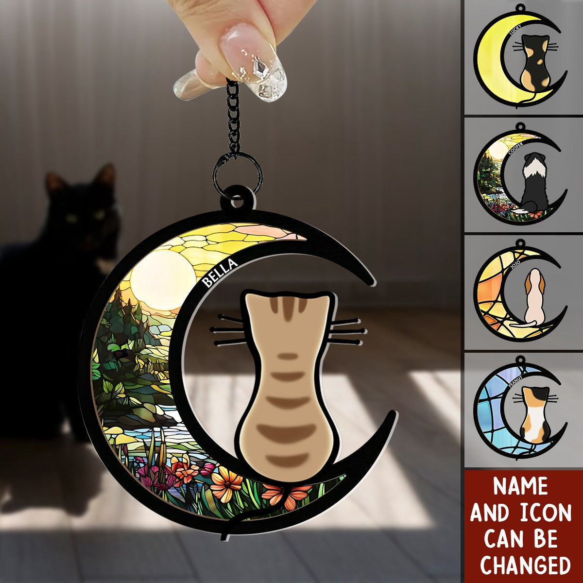 Dog & Cat On Moon - Personalized Window Hanging Suncatcher Ornament
