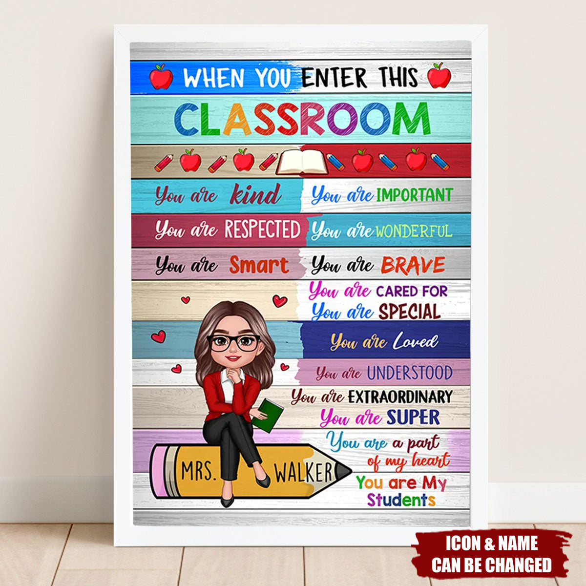 Colorful Teacher Sitting On Pencil Personalized Poster, Classroom Decoration