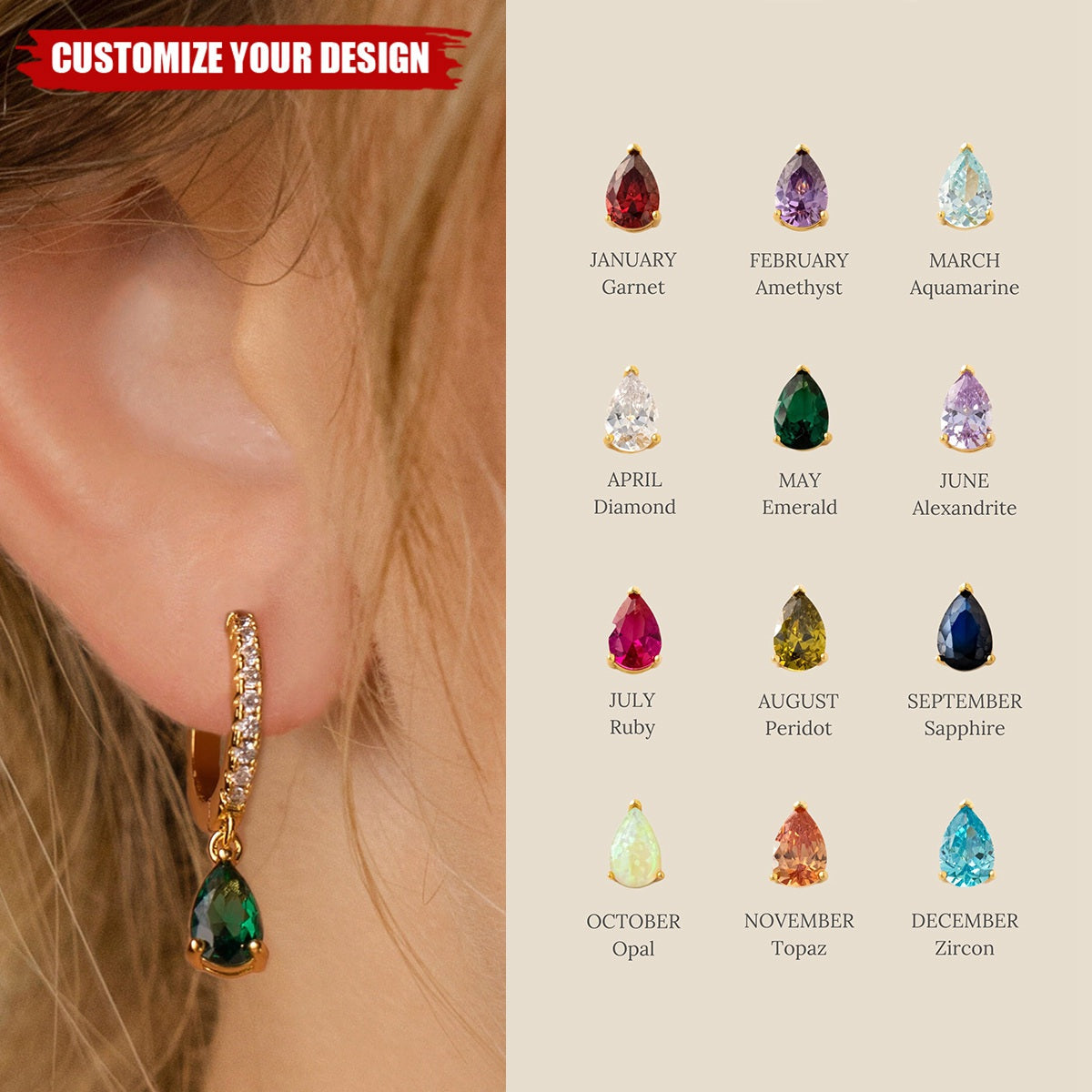 Personalized Birthstone Hoop Earrings - Gift For Mom Grandma Family